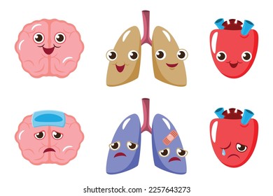 emotion cute brain, lung, heart vector illustration , show positive strong, clever, happy, smile and negative bad, weak, sick, damage, hurt, cry, ache cartoon character.