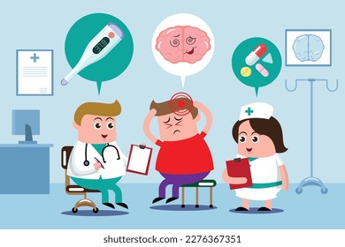 emotion cute brain vector illustration flat cartoon character, check up health bad weak attack narcotics together with doctor and nurse at hospital.