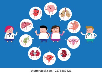 emotion cute vector, illustration flat cartoon character man, woman and doctor show explain feeling good health internal organs.