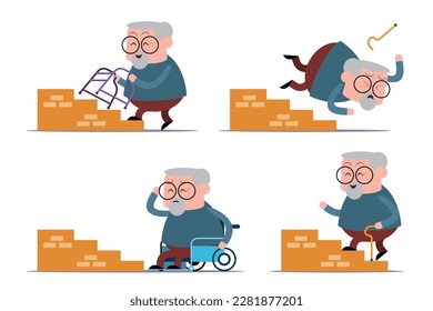 emotion cute vector, illustration flat cartoon character lifestyle senior man be careful going up the stair, fall and can't go up stairs with wheelchair. 