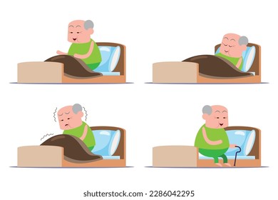 emotion cute vector, illustration flat cartoon character lifestyle senior man on bed at  home, relax, sleep, sick and use staff standing. 