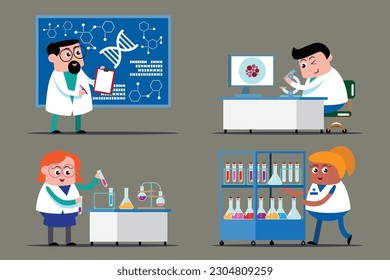 emotion cute vector, illustration flat cartoon character set of doctor working. scientist lab worker, chemical researcher.