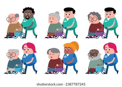 emotion cute vector, illustration flat cartoon character lifestyle senior woman, man sit in arm chair ,walk with cane and walker.