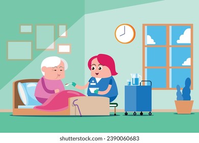 Emotion süße Vektorgrafik, Illustration flachen Cartoon Charakter Lifestyle Senior Frau im Bett zu Hause, entspannen, Schlaf, Kranke und Krankenschwester kümmern sich. 