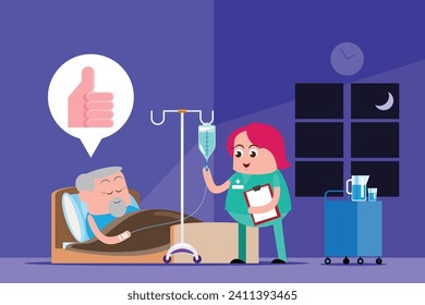 emotion cute vector, illustration flat cartoon character set of doctor, nurse working take care old man sleep. 