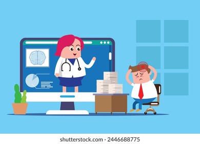 emoción lindo Vector, ilustración de dibujos animados plano personaje hombre, mujer y doctor show explican sentirse bien salud órganos internos por los medios de comunicación en línea.