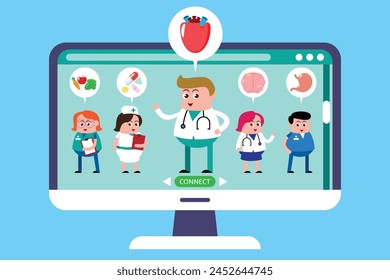 emotion cute vector, illustration flat cartoon character man, woman and doctor show explain feeling good health internal organs by media online.