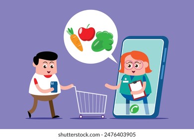 emotion cute vector, illustration flat cartoom character man and doctor show explain good food for healthy. 