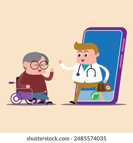 emotion cute vector, illustration flat cartoom character old woman sit wheelchair ,doctor show explain on line how take care good for healthy. 