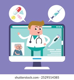 emotion cute vector, illustration flat cartoon character man , nurse and doctor show explain media on line how take care good for healthy.