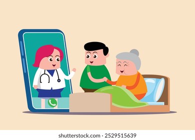 emotion cute vector, illustration flat cartoom character man , nurse and doctor show explain media on line how take care good for healthy.