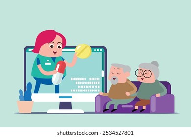 emotion cute vector, illustration flat cartoom character man , nurse and doctor show explain media on line how take care good for healthy.