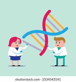 emotion cute vector, illustration flat cartoom character man and woman scientists doctor engineering DNA in laboratory. genes reasearch concept. 