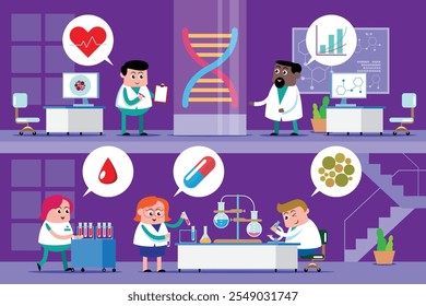 emotion cute vector, illustration flat cartoon character man and woman scientists doctor engineering medicine  in laboratory reasearch new drugs in chemistry concept. 