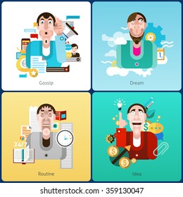 Emotion design concept set with gossip dream routine and idea flat icons isolated vector illustration