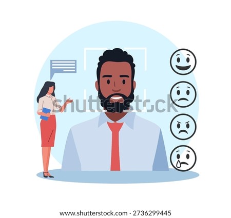 Emotion detection. Emotional state and speech recognition, sensory technologies, biometric recognition and sentiment analysis, user profiling and feedback vector cartoon flat style isolated concept