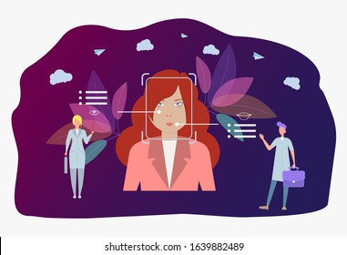 Emotion detection technology, emotional state recognition, emo sensor technology concept. Recognition of emotions of a woman. Colorful vector illustration