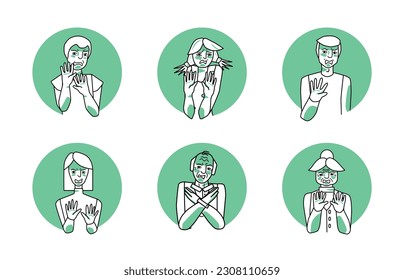 Emotion of disgust, people set circle icons. Disgusted boy and girl, man and woman, grandfather and grandmother. Hands covering face. Sketched style facial expressions, vector illustration.