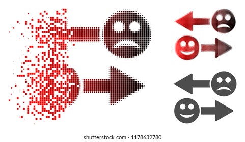 Emotion exchange arrows icon in dispersed, pixelated halftone and undamaged entire variants. Pixels are combined into vector disappearing emotion exchange arrows pictogram.