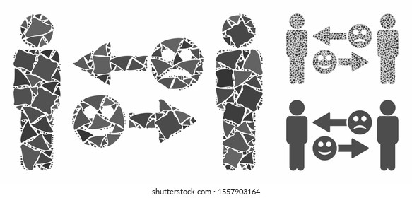 Emotion exchange people composition of humpy parts in different sizes and color hues, based on emotion exchange people icon. Vector irregular items are united into composition.
