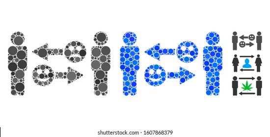 Emotion exchange people composition of round dots in different sizes and color tinges, based on emotion exchange people icon. Vector round dots are organized into blue mosaic.