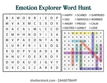 Emotion Explorer Word Hunt puzzle with highlighted words. Educational activity for kids to learn about feelings and emotions.