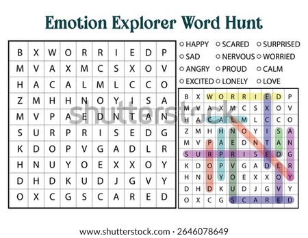 Emotion Explorer Word Hunt puzzle with highlighted words. Educational activity for kids to learn about feelings and emotions.