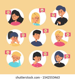 Emotion expression collection. Male and female face, illustration of person avatar and emoticon. Happy and surprised, embarrassed and curious.