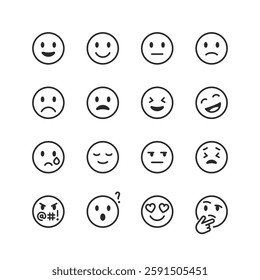 Emotion and Expression, emoji, linear style icons set. Variety of facial expressions, from happiness and sadness to surprise and anger. Editable stroke width