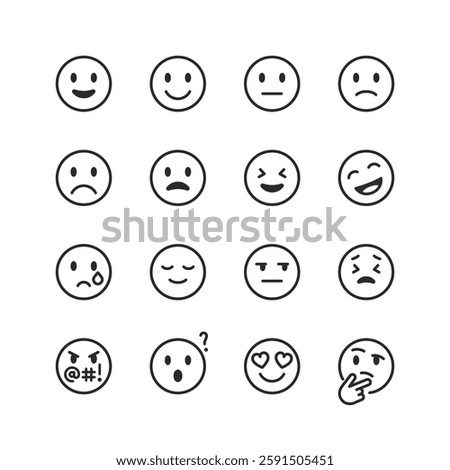 Emotion and Expression, emoji, linear style icons set. Variety of facial expressions, from happiness and sadness to surprise and anger. Editable stroke width