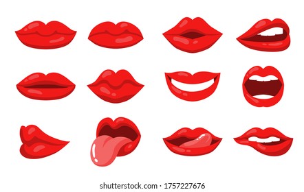 Emotion expression with female lips and mouth set. Sexy red lips of woman kissing, showing tongue, smiling, biting lower lip. Vector illustration hot girl, glamour, lipstick concept