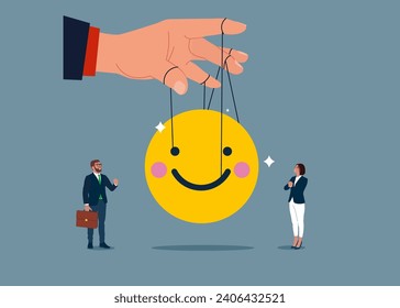 Emotion or expression on manipulative strings. Manipulate smile. Manipulation work motivation. Manipulation marionette concept vector illustration. 