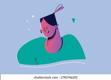 Emotion, face, anger, fury, frustration concept. Young angry unhappy frustrated furious woman girl teenager character shouting loudly with rage and aggression. Negative facial expression illustration.