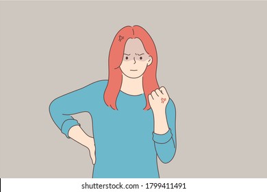 Emotion, face, anger, fury, frustration concept. Young angry unhappy frustrated furious woman girl teenager character threatening fist with rage and aggression. Negative facial expression illustration