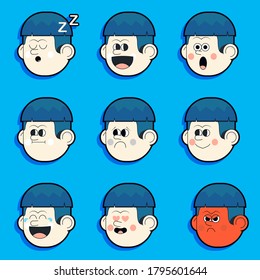 the emotion face of boy, the picture show the mood face, feeling, emotion. it have many character such as sleep, happy smile, angry, love.