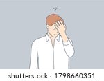 Emotion, face, expression, frustration, despair, stupidity, remember concept. Young unhappy sad man guy character standng with hand on head for mistake or remembering error. Headache or bad memory.