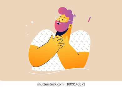 Emotion, Face, Expression, Happiness, Surprise, Joy Concept Unexpected News And Joyful Emotional Reaction Illustration. Young Happy Delighted Man Guy Boy Cartoon Character Laughing From Funny Joke.