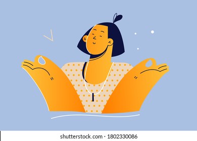 Emotion, face, expression, meditation, calmness concept. Carefree calm relaxed happy young woman character smiling delighted meditating in nirvana lotus pose breathing or practicing yoga illustration.