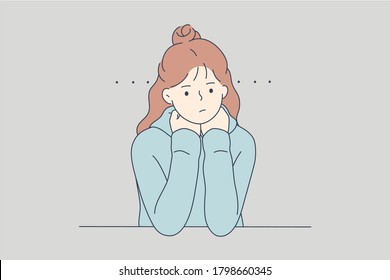 Emotion, face, expression, mental stress, depression, boredom, frustration, fatigue concept. Young unhappy sad frustrated depressed woman girl teenager thinking looking tired or bored because problems