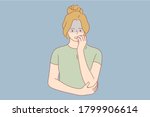 Emotion, face, expression, problem, mental stress, worry, depression, anxiety concept. Young anxious worried woman girl teenager charater looking stressed and nervous with hands on mouth biting nails.