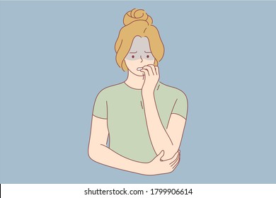 Emotion, face, expression, problem, mental stress, worry, depression, anxiety concept. Young anxious worried woman girl teenager charater looking stressed and nervous with hands on mouth biting nails.