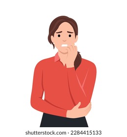 Emotion, face, expression, problem, mental stress, worry, depression, anxiety concept. Young anxious worried woman girl teenager charater looking stressed and nervous with hands on mouth. Flat vector