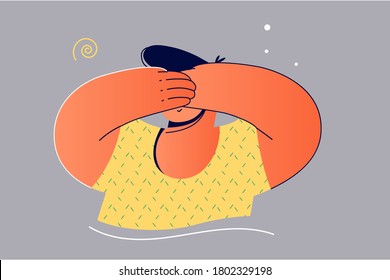 Emotion, face, expression, protection, shame, embarassment concept. Young frightened man boy guy teenager cartoon character standing and covering eyes with both hands hiding or protecting illustration