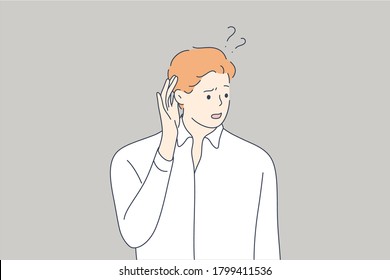 Emotion, face, expression, rumor, desease, health, care concept. Young deaf serious focused man guy teenager character standing with hand over ear listening or hearing to gossip. Deafness illustration