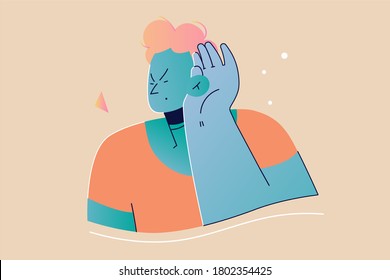 Emotion, face, expression, rumor, desease, health, care concept. Young deaf serious focused man guy teenager character standing with hand over ear listening or hearing to gossip. Deafness illustration