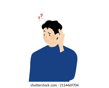 Emotion, face, expression, rumor, desease, health, care concept. Young deaf serious focused man guy teenager character standing with hand over ear listening or hearing to gossip. Deafness illustration