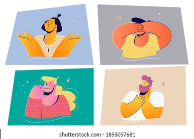 Emotion, face expression set concept. Positive and negative emotional people vector illustration for print. Collection of men women cartoon characters meditating biting nails laughing closing eyes. 