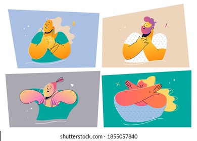 Emotion, face expression set concept. Positive and negative emotional people illustration for print. Collection of men women cartoon characters pointing down laughing showing prohibition and denial. 