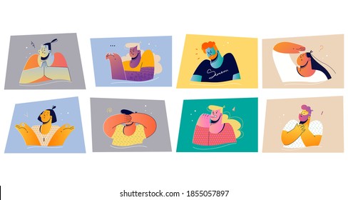 Emotion, face expression set concept. Positive negative emotional people illustration for print. Collection of men women cartoon characters meditating looking at distance biting nails closing eyes. 