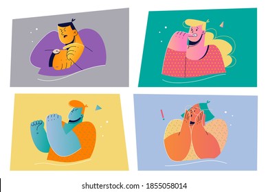 Emotion, face expression set concept. Positive and negative emotional people illustration for print. Collection of men women cartoon characters checking time biting nails preparing fight with fists. 